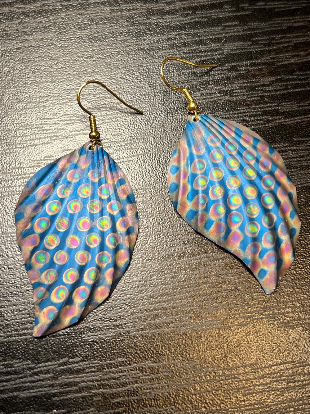 Vintage Colorful Niobium Metal Leaf Peacock Feather Style Dangle Earrings